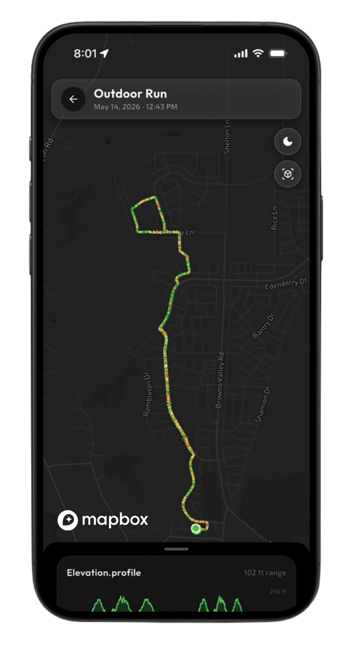 Sequorr Dark map style: a green-to-red effort-graded route line on a dark, low-contrast basemap.
