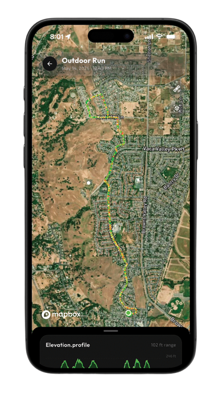Sequorr Satellite map style: the same route over real aerial imagery showing neighborhoods, open hills, and fields.