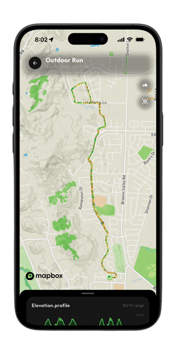 Sequorr Topographical map style: the route over an outdoors basemap with contour shading, green space, and trails.